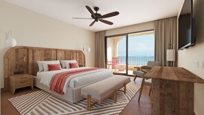 Ein Hotelzimmer mit einem hölzernen Kopfteil, einem großen Bett, einer Bank, einem Holztisch, einem Fernseher und einem Balkon mit Blick.