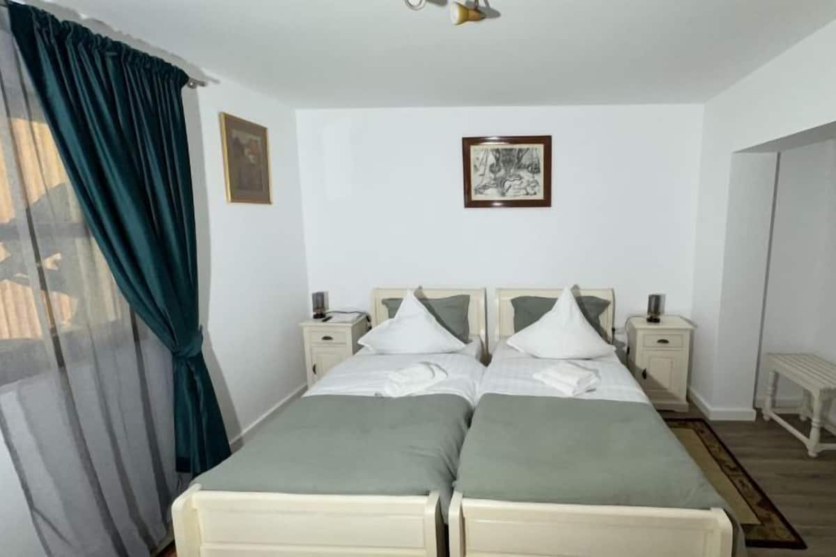 A double bed with two white pillows, a bedside table with a lamp, and a framed picture on the wall.