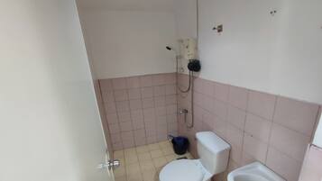 A small bathroom with a toilet, a bidet, and a shower.