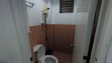 A small, compact bathroom with a toilet, shower, and a small window.