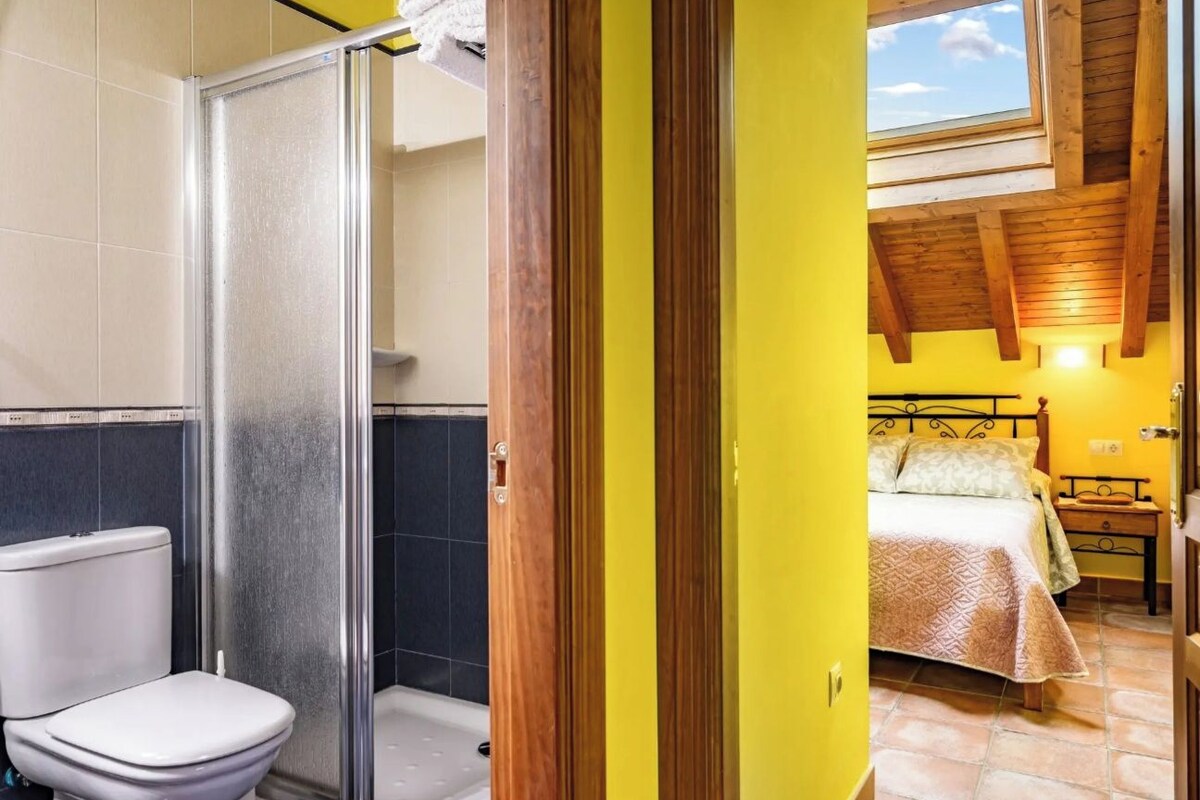 Een badkamer met een douche en toilet, en een bed in de aangrenzende kamer.