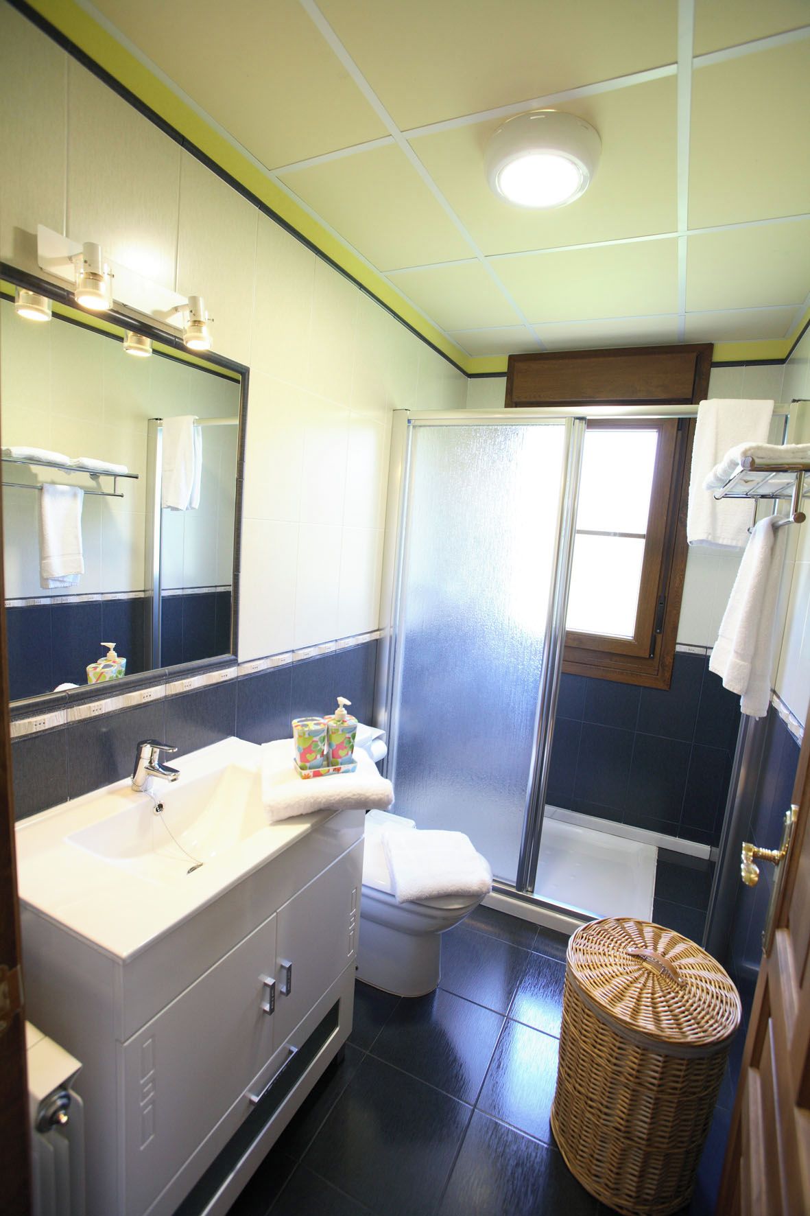 Un baño con lavamanos blanco, espejo e inodoro. Hay una ducha con puerta de vidrio y una cesta de mimbre en el suelo.