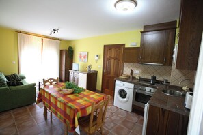 A compact kitchen with a washing machine, oven, and sink. There's a dining area with a table and chairs, and a green sofa. - Apartamentos Rurales La Viña (Cangas de Onis)