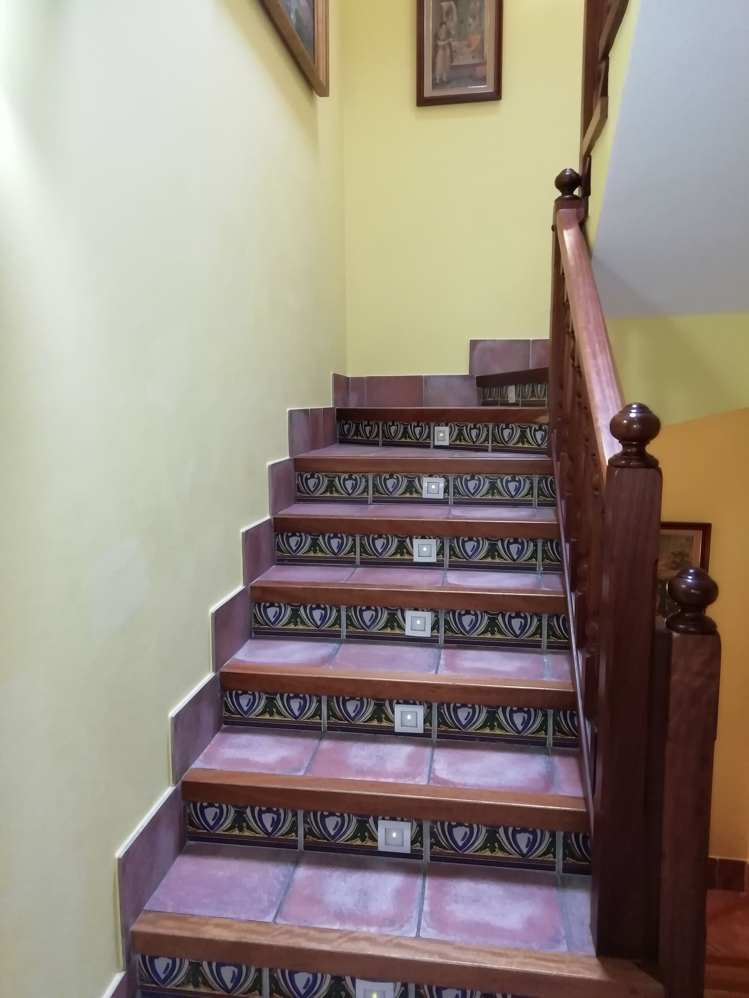 A staircase with patterned tiles and a wooden handrail.