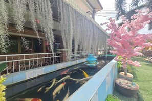 Un bassin à carpes koï avec une fontaine, entouré d’un bâtiment doté d’un balcon et d’éléments décoratifs suspendus.