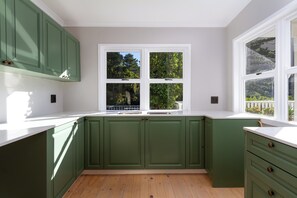 Une cuisine avec des meubles de couleur verte, un plan de travail blanc et une fenêtre donnant sur des arbres.