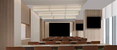 A conference room with a long table, multiple chairs, a large screen, and a TV on the wall.