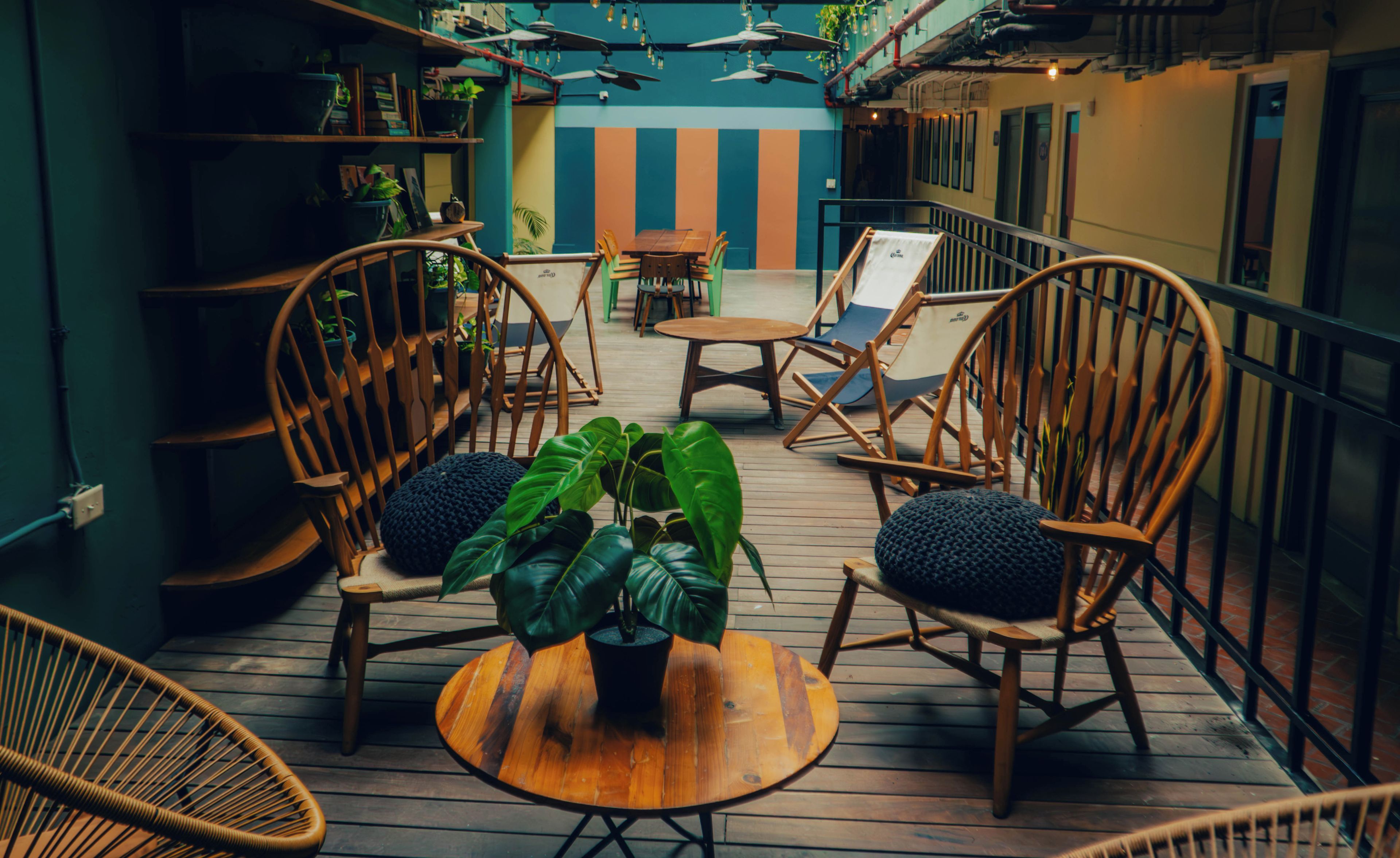Una terraza de madera con sillas de mimbre y una mesa central, rodeada de plantas en macetas.