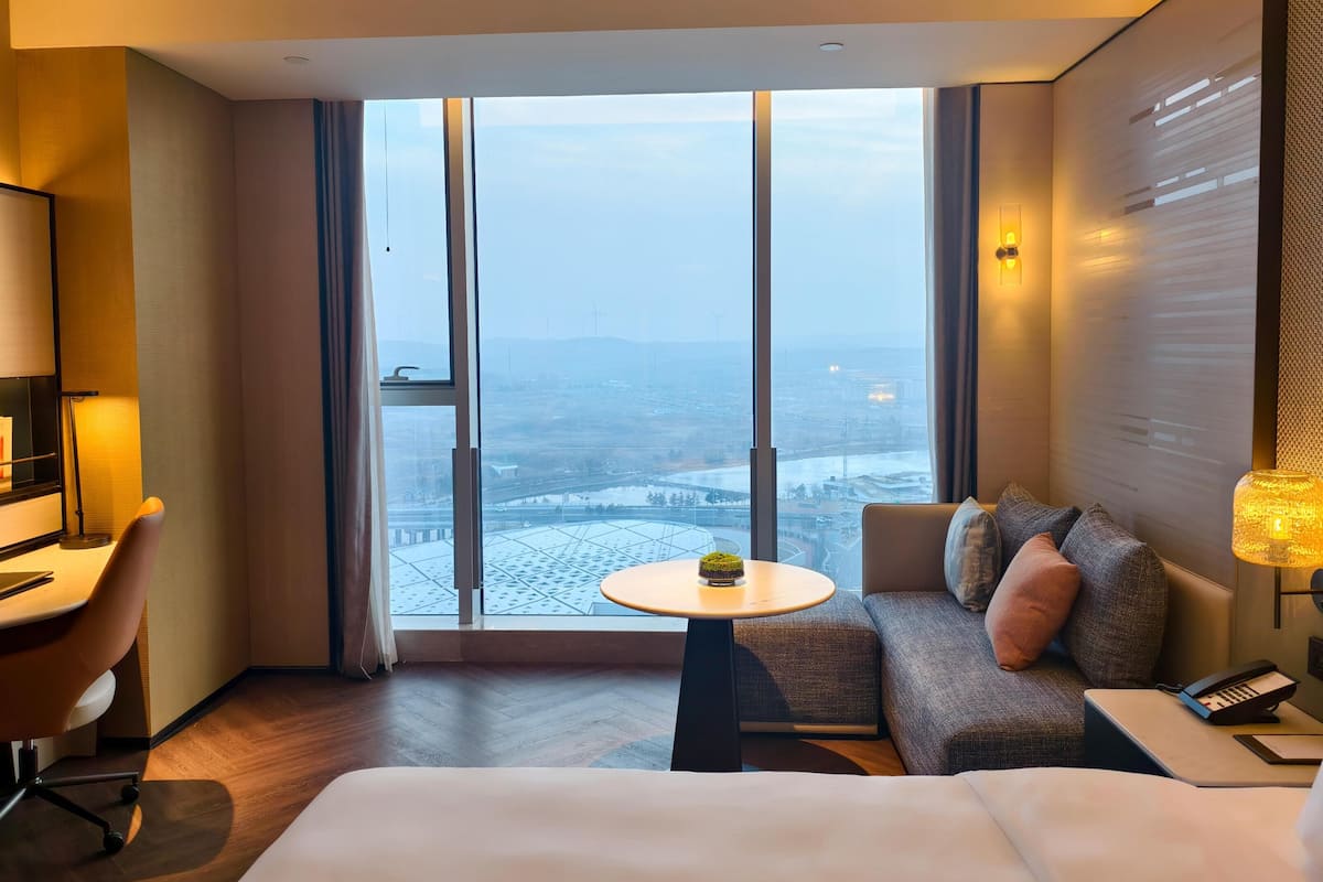 Une chambre d’hôtel avec une grande fenêtre, un lit, un bureau, une chaise, un canapé et une petite table sur laquelle est posée une plante.