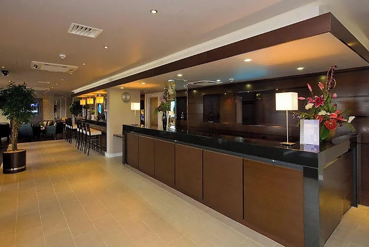 A hotel reception area with a long counter, seating area, and a large potted plant.