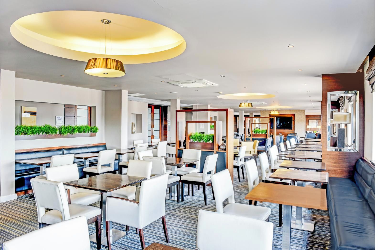 Un restaurante moderno con sillas y mesas blancas, iluminación empotrada y una pared verde cubierta de plantas.