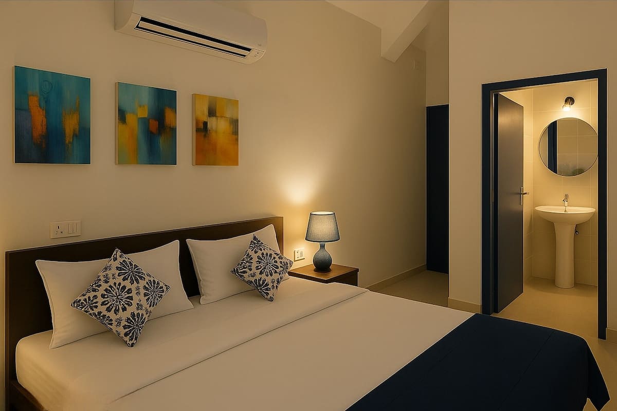 A hotel room with a bed, bedside lamp, and artwork on the wall.