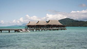 Bungalow Panoramique, vue lagon, sur l'eau | Coffres-forts dans les chambres, bureau, fer et planche Ă repasser