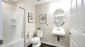 Hair dryer, towels, soap, toilet paper