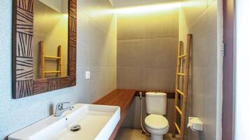 Shower, hair dryer, bidet, towels