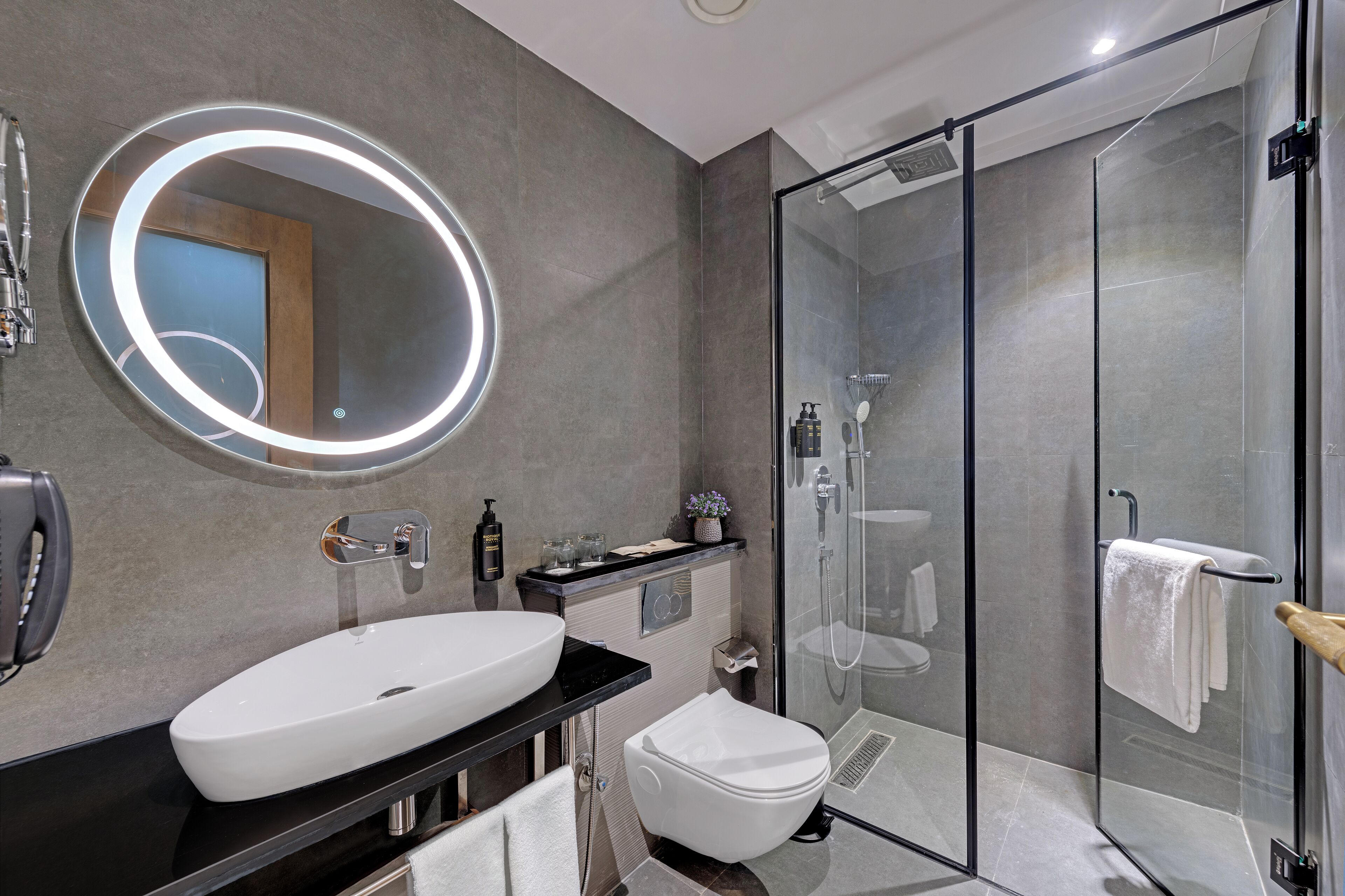 Shower, free toiletries, hair dryer, slippers