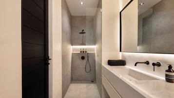 Ducha, secador de pelo, toallas, jabón