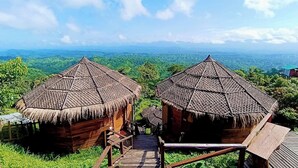Two thatched-roof huts with wooden staircases leading to them, set against a backdrop of lush green hills and a clear blue sky. - Niribili Eco Resort (Sajek)