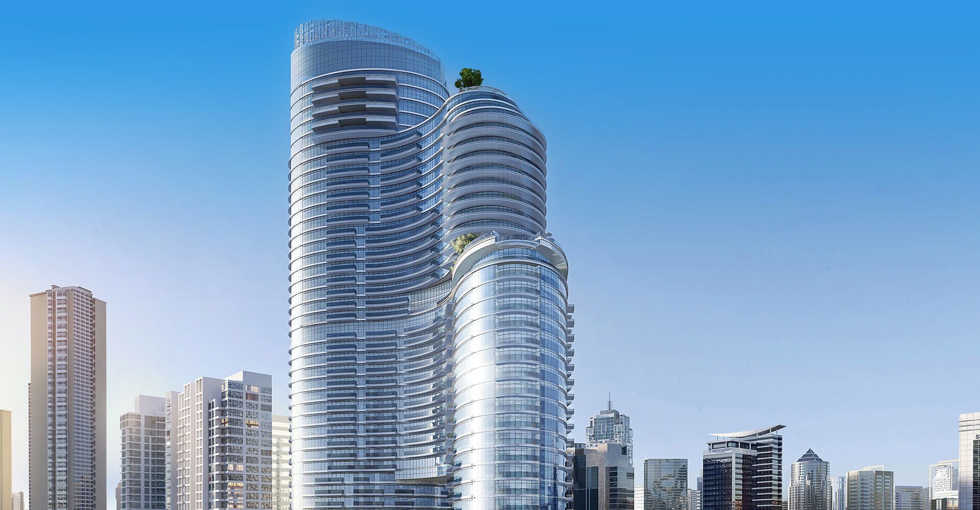 Ein moderner Wolkenkratzer mit markantem, geschwungenem Design, umgeben von weiteren Hochhäusern in einer Stadtansicht.