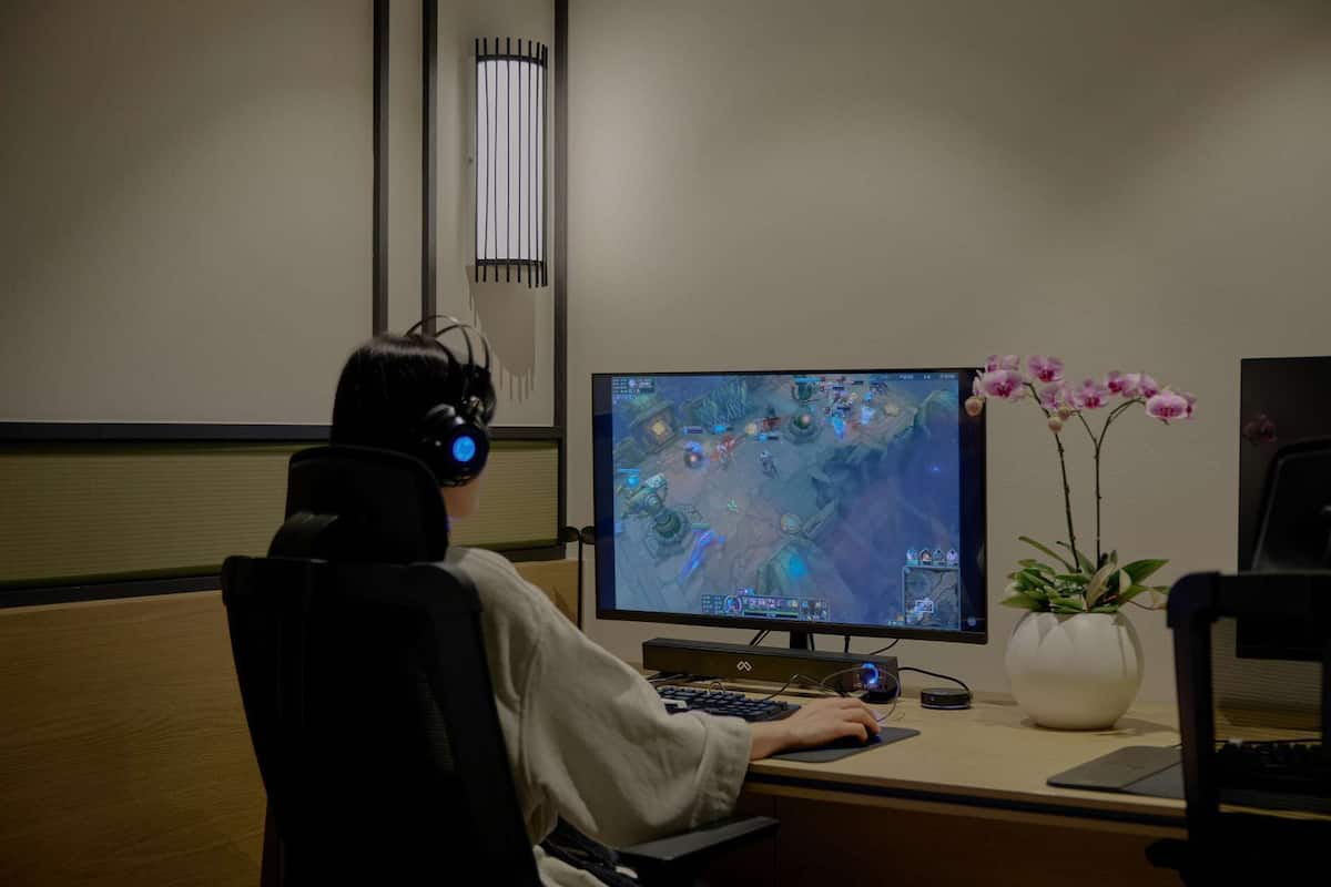A person seated at a desk with a computer monitor, keyboard, and mouse. There is a potted orchid plant on the desk.