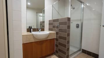 Hair dryer, towels, soap, shampoo