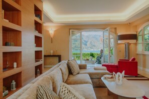 Televisión, chimenea y reproductor de DVD 