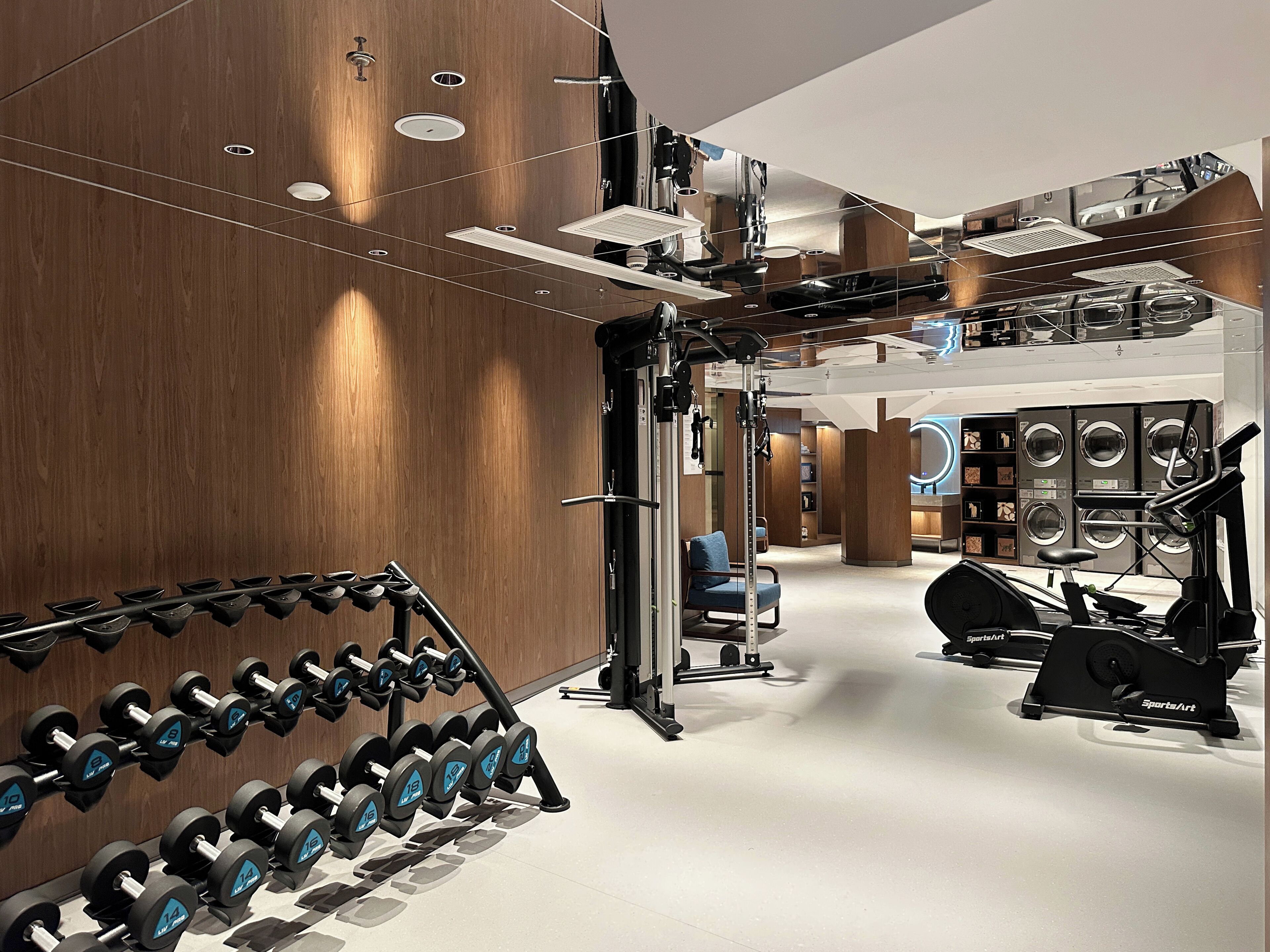 Un gimnasio moderno con varios equipos de ejercicio, incluyendo mancuernas, una jaula para sentadillas y máquinas de cardio.