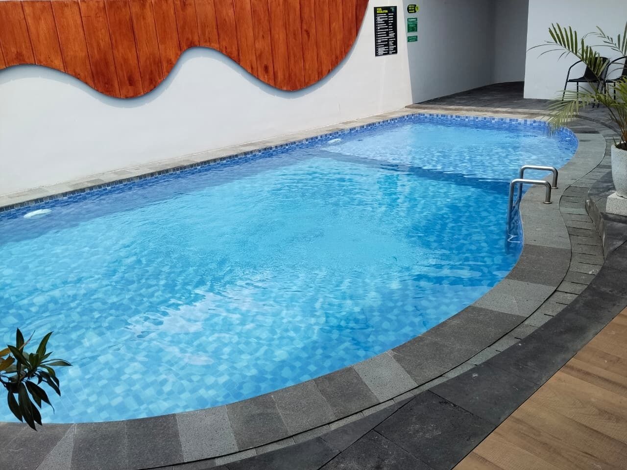 A swimming pool with a wooden wall design, a metal ladder, and a potted plant.