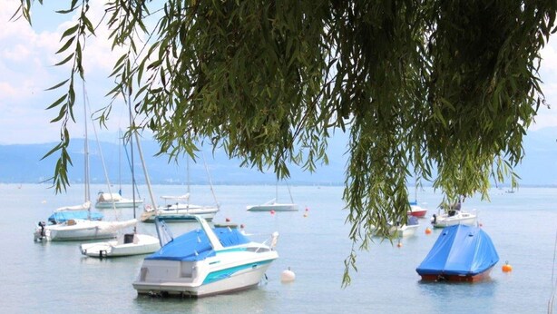 Una marina con varios barcos amarrados, rodeada de aguas tranquilas y montañas al lejano horizonte.