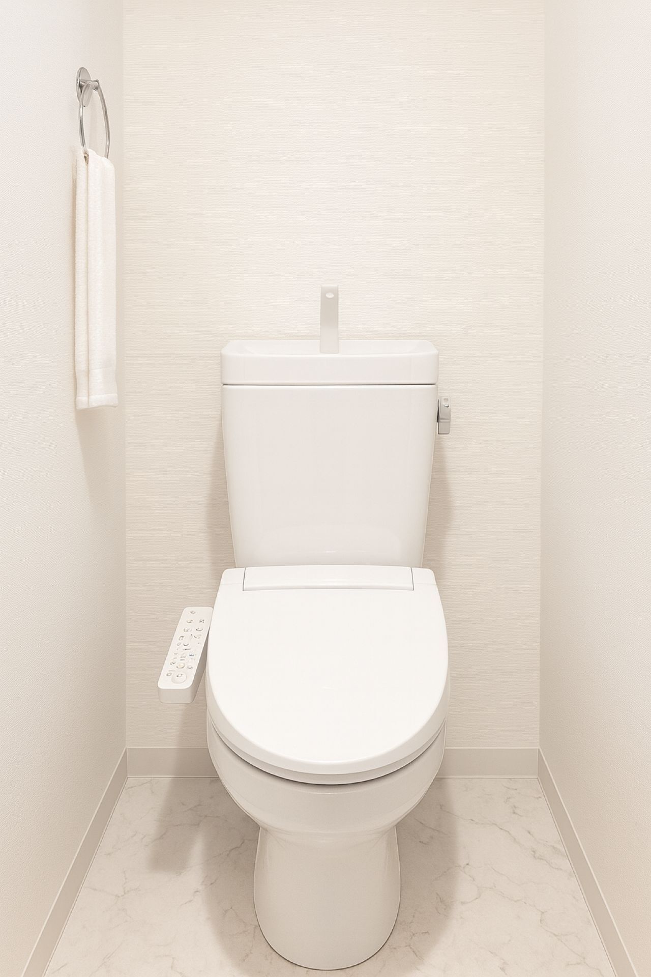 A modern toilet with a control panel, a towel rack, and a marble floor.
