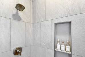 Shower, hair dryer, shampoo