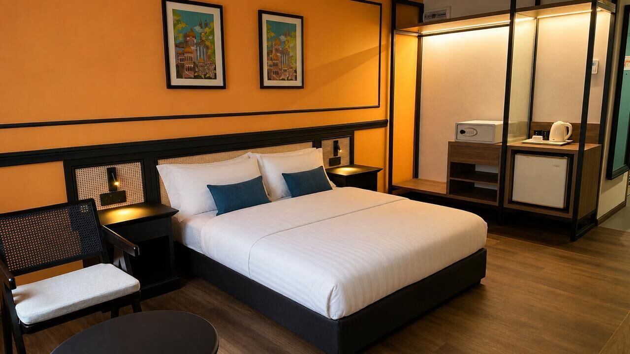 A hotel room with a bed, bedside table, chair, and a small desk with a lamp.