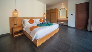 A modern bedroom with a wooden bed, nightstands, a mirror, and a wardrobe. - Brand New 3Bedroom Lucky Lotus Villa Private Pool (Bali)