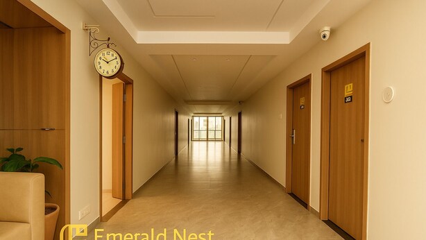 Pasillo de hotel con puertas de madera, un reloj y una planta.