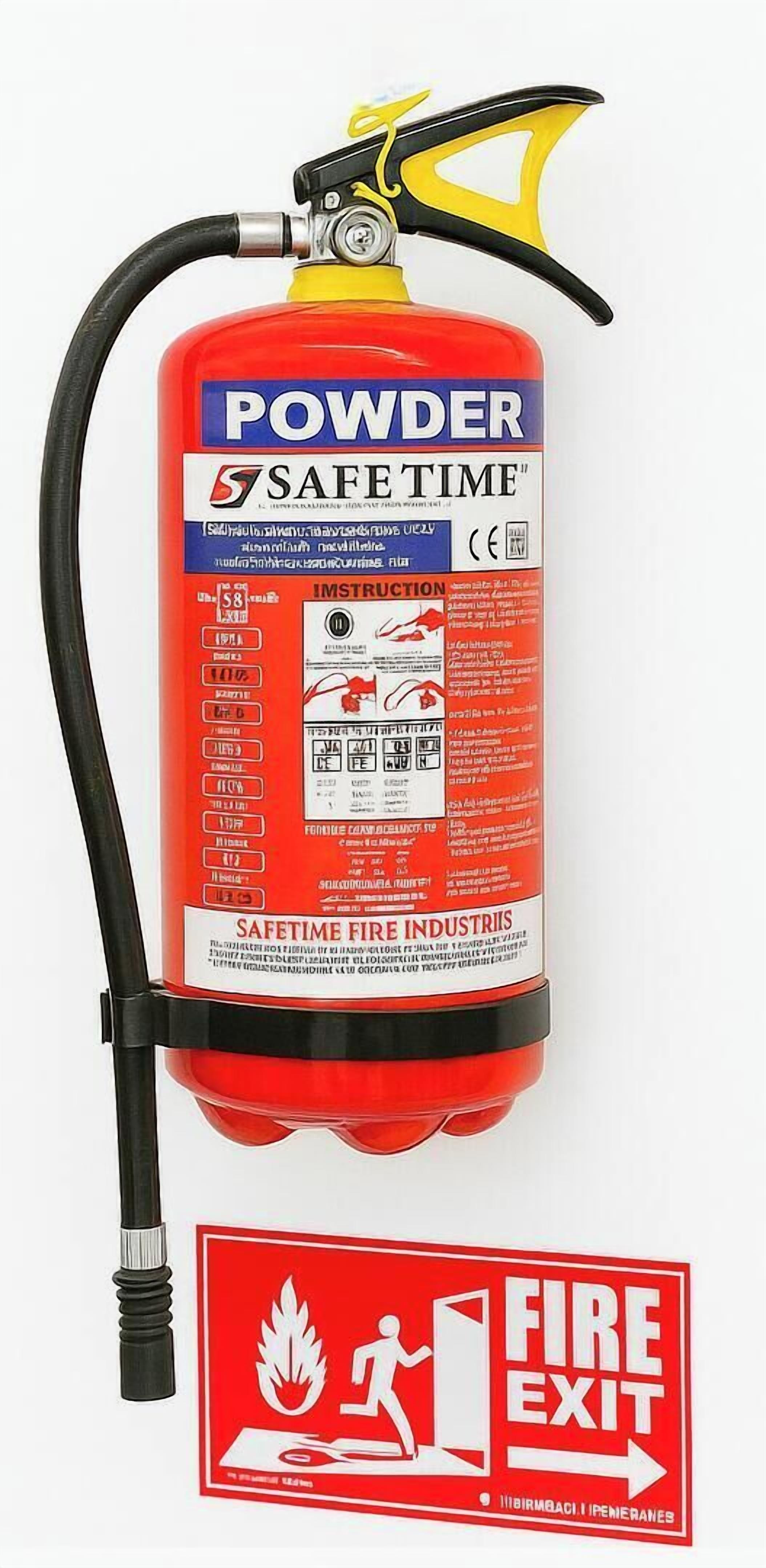 Un extintor rojo con boquilla amarilla y una manguera, etiquetado "Powder SAFETIME".
