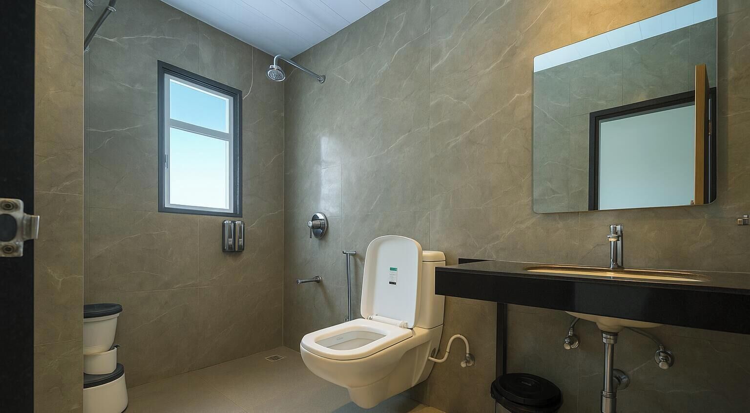Shower, rainfall showerhead, free toiletries, hair dryer