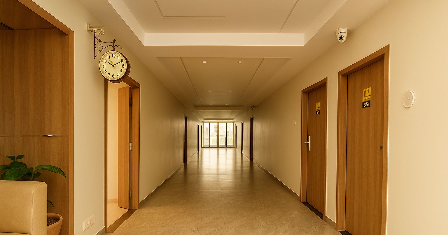 Pasillo de hotel con puertas de madera, un reloj y una planta.