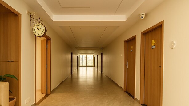 Een hotelgang met houten deuren, een klok en een plant.