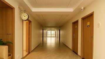 Un couloir d’hôtel avec des portes en bois, une horloge et une plante.