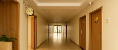 Corredor de hotel com portas de madeira, um relógio e uma planta.