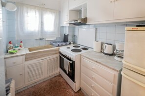 A compact kitchen with a Bosch refrigerator, a stove, and a sink.