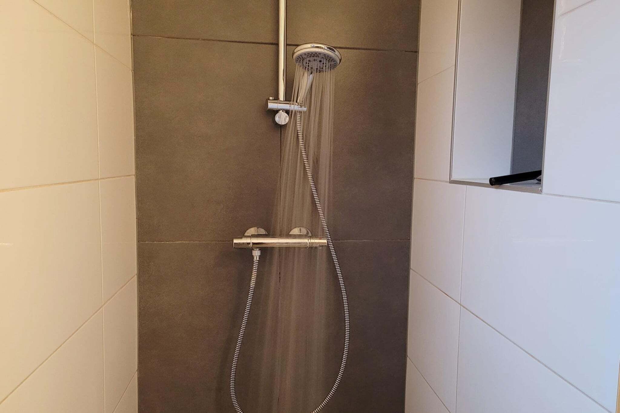 Een douche met een handdouche en een handmatige kraan.