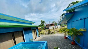 Un área de piscina con una piscina azul, un pequeño puente y plantas en macetas.