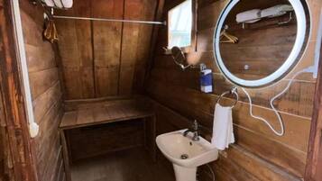 Shower, hair dryer, towels, toilet paper