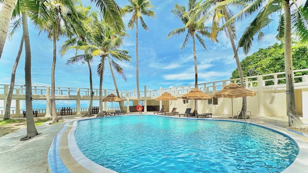Une piscine à bord incurvé, entourée de palmiers et de chaises longues.
