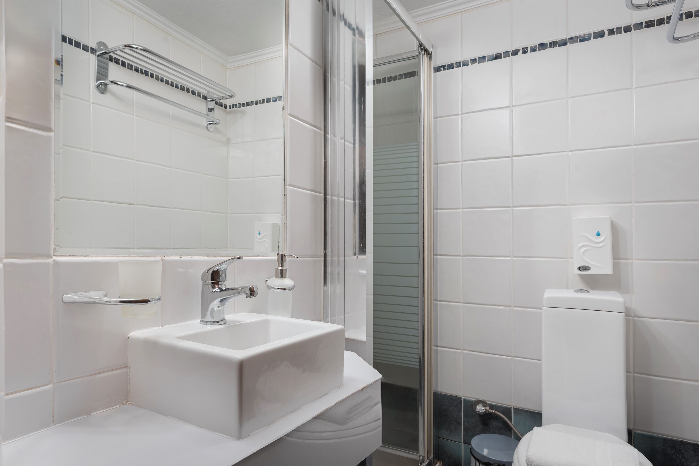 Shower, hair dryer, towels