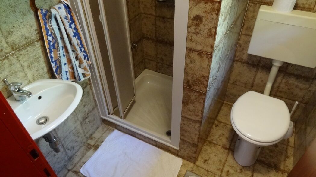 Une salle de bain avec douche, toilettes et lavabo.