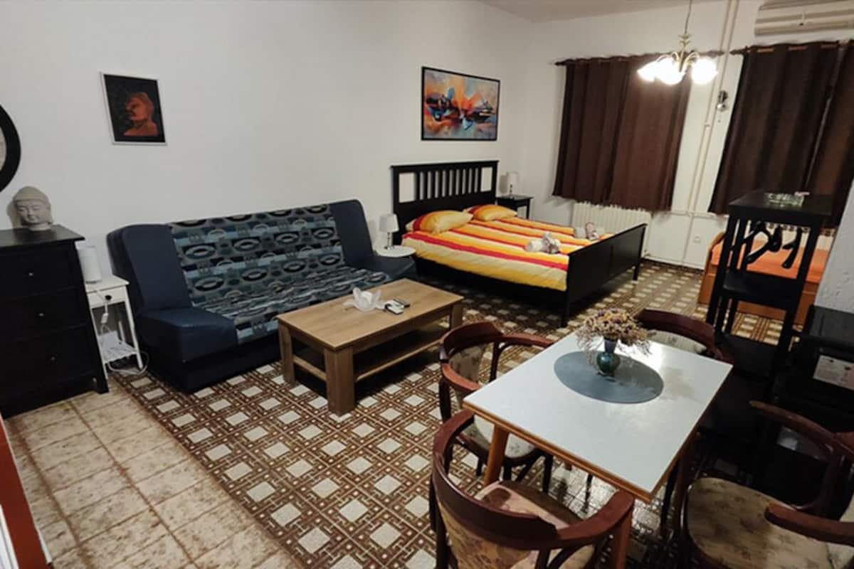 A compact living space with a sofa, a bed, a dining table with chairs, a small cabinet, and a decorative vase.
