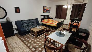 A compact living space with a sofa, a bed, a dining table with chairs, a small cabinet, and a decorative vase.