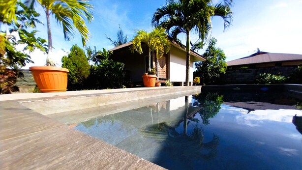 A swimming pool with a clear edge, surrounded by potted plants and palm trees, with a building in the background.